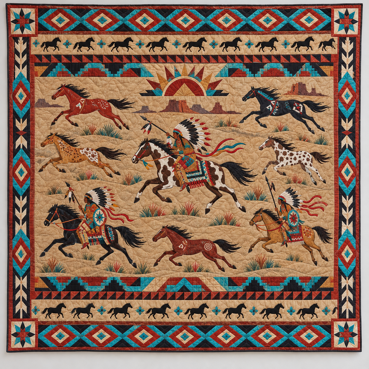 Western Horses And Geometric Trails TD141026047 Quilt Blanket