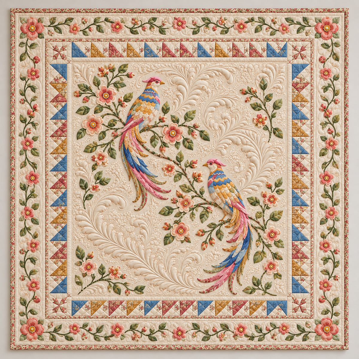 Long Tailed Birds And Delicate Blossoms TD141026051 Quilt Blanket