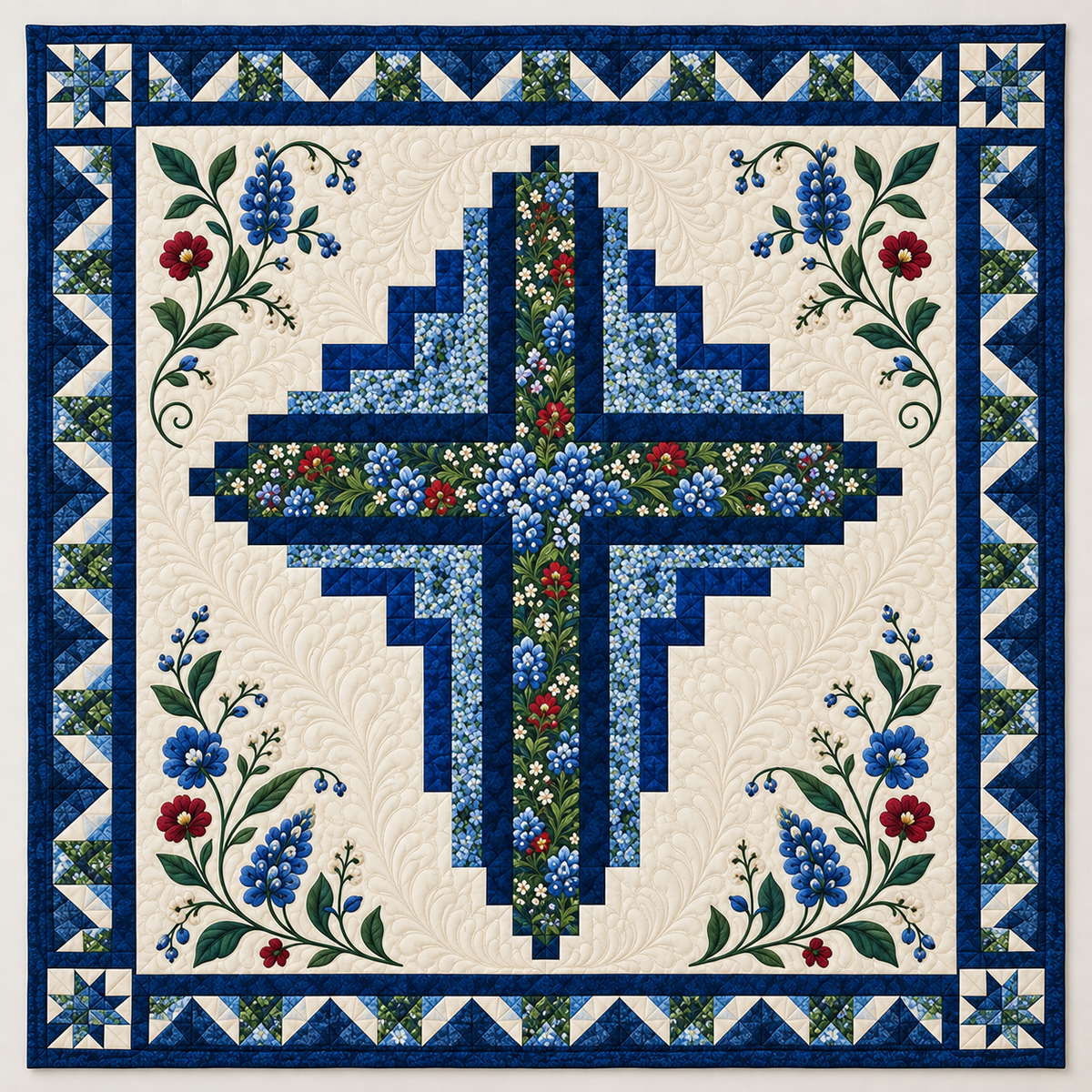 Blue Floral Cross TD141026058 Quilt Blanket