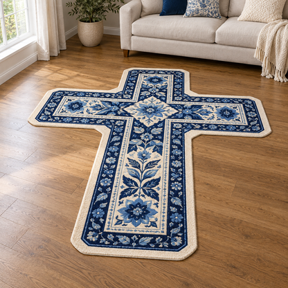 Blue Floral Cross TD131026058 Custom Shape Area Rug