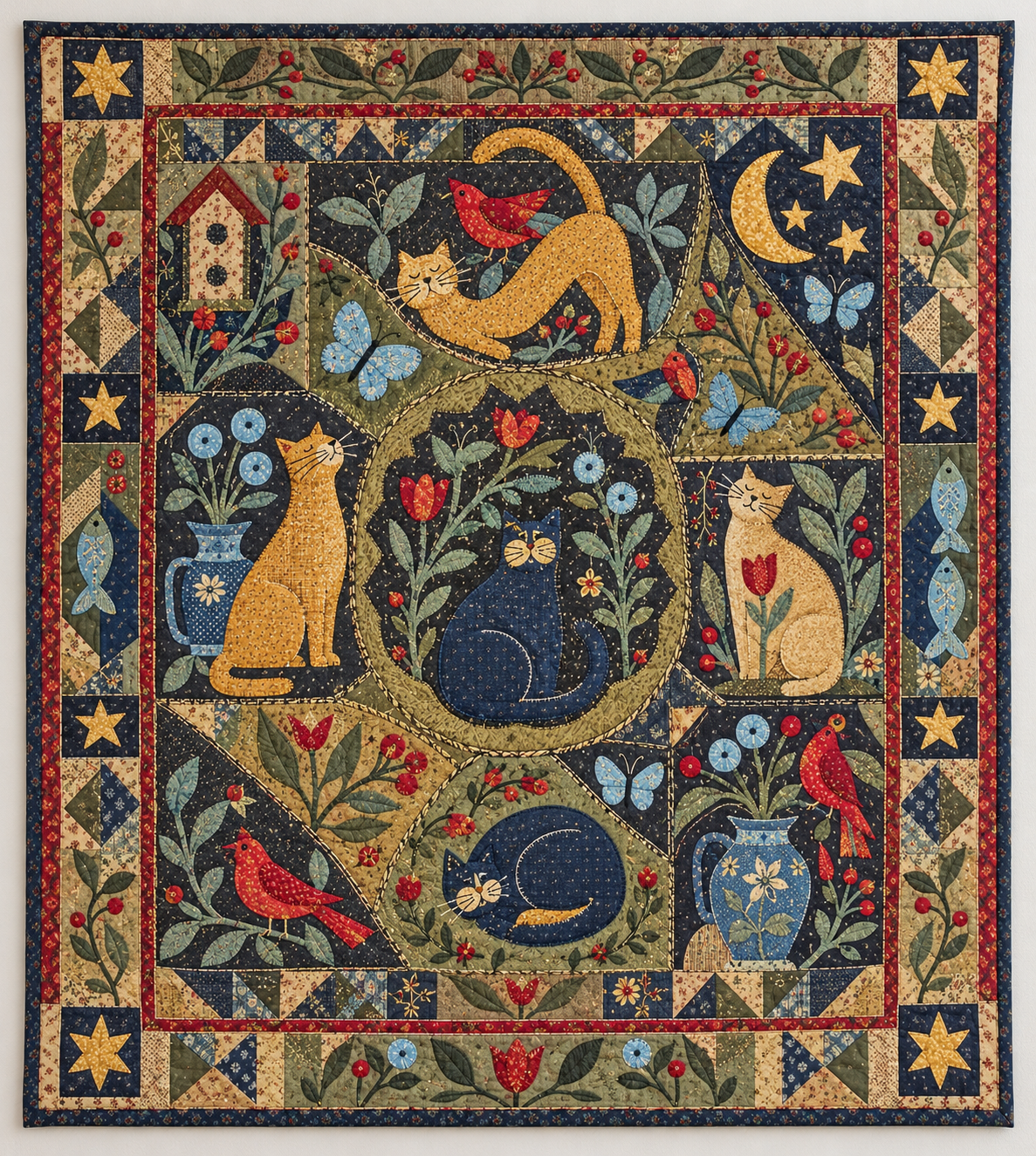 Golden Cats In Folk Art Garden TD141026065 Quilt Blanket