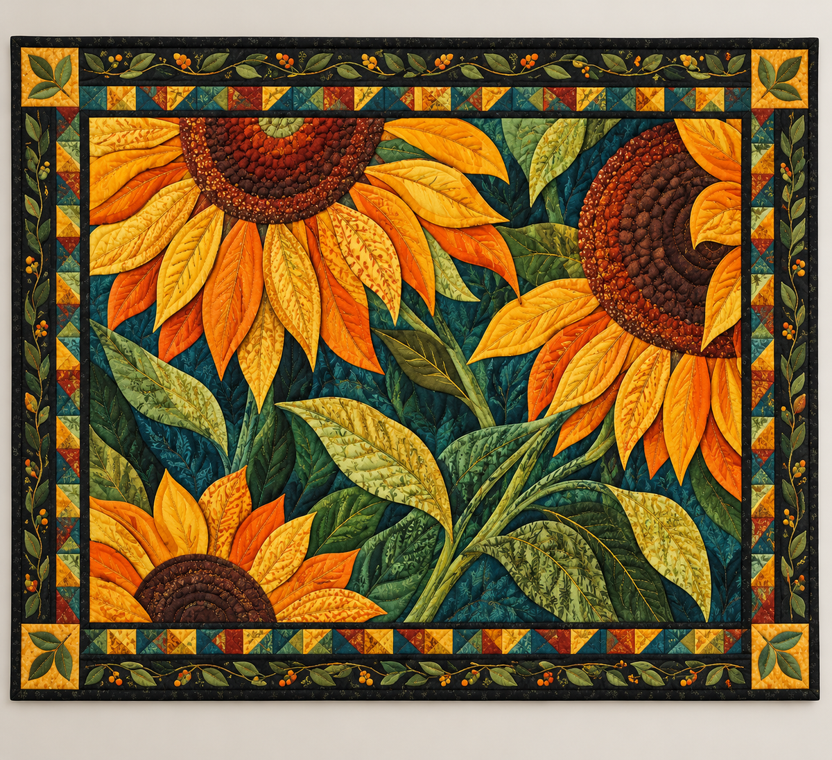 Sunflower Petals And Teal Foliage TD141026066 Quilt Blanket
