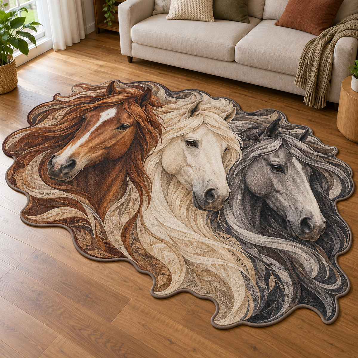 Three Horse Portraits TD131026068 Custom Shape Area Rug