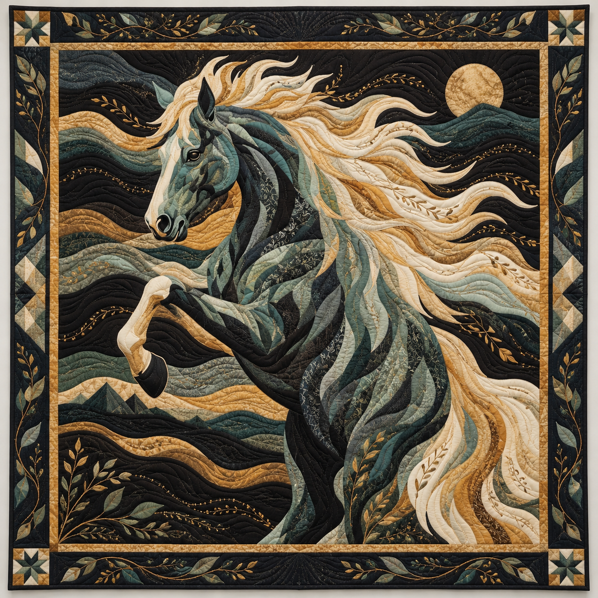 Teal Stallion And Flowing Golden Mane TD141026081 Quilt Blanket