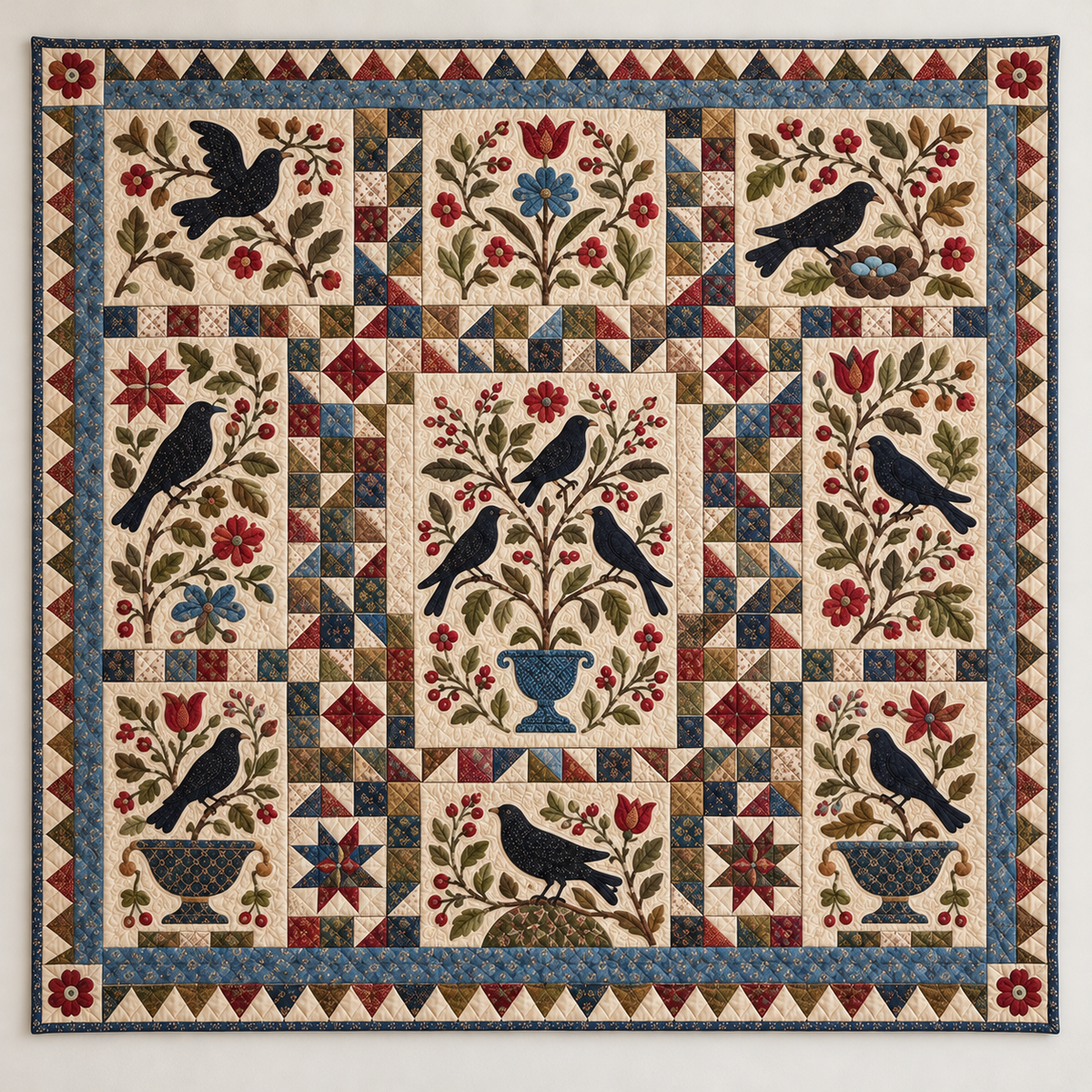 Antique Folk Art Birds And Blooms TD141026097 Quilt Blanket