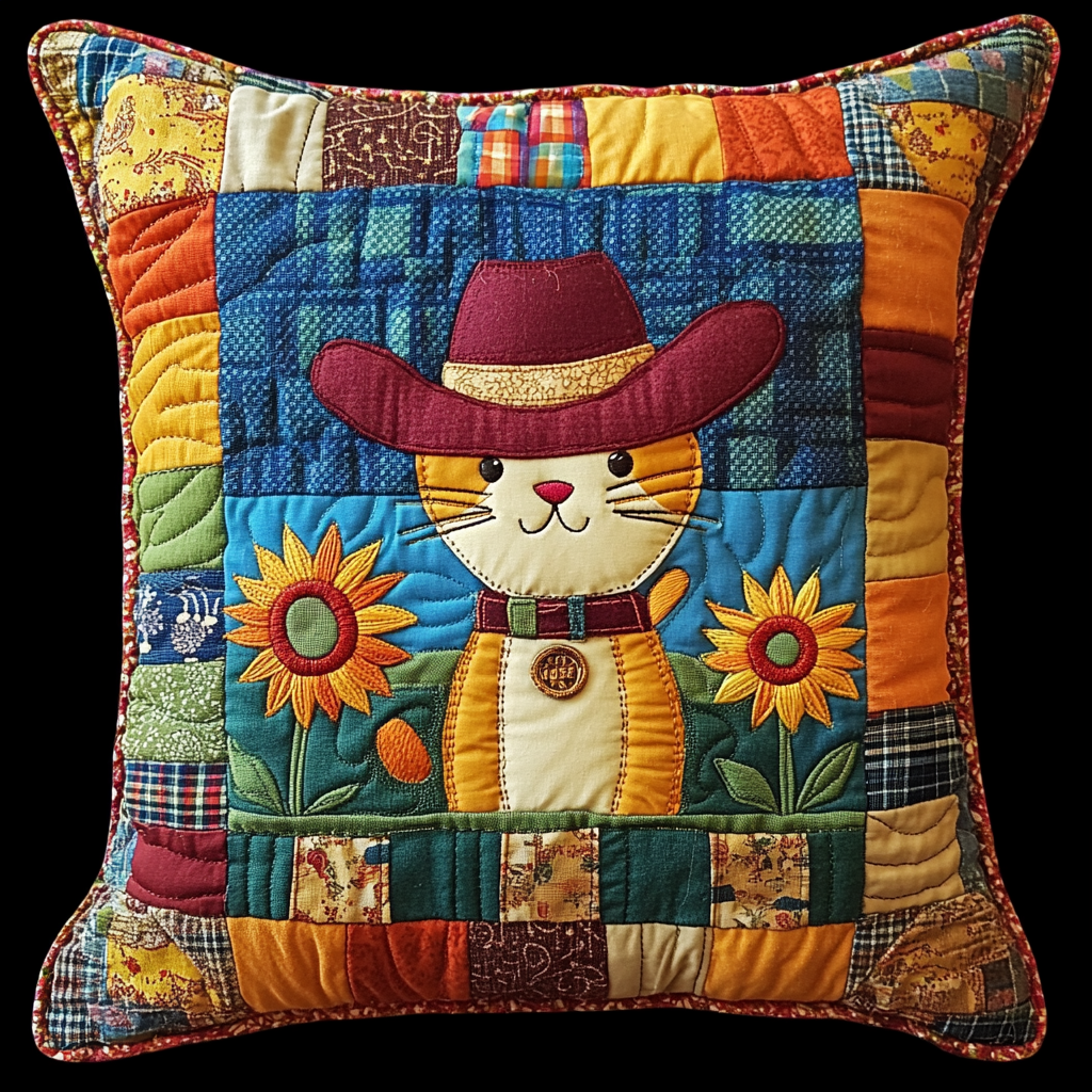 Sunflower Cowboy Cat DAI241224067 Quilted Pillow Case