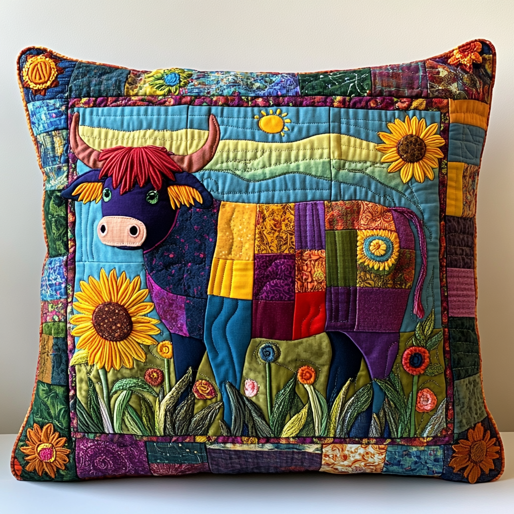 Sunflower Highland Cow DAI051224152 Quilted Pillow Case