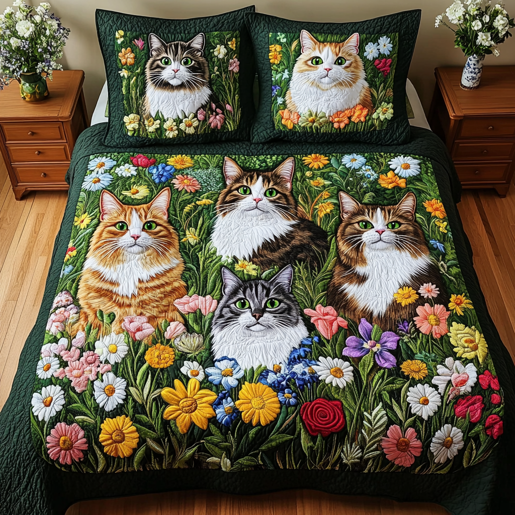 Cats In Flower Garden TAI111124047 Quilt Bedding Set