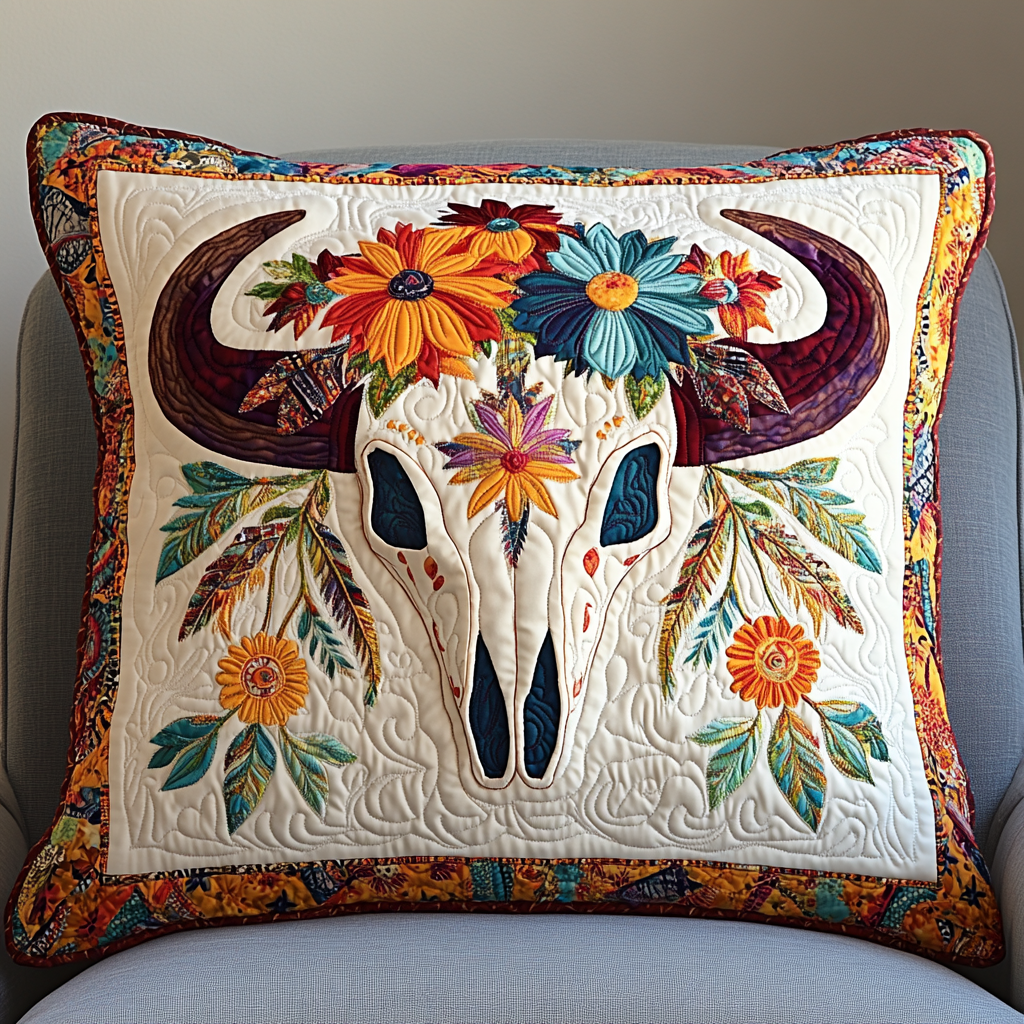 Hippie Bull Skull DAI241224023 Quilted Pillow Case