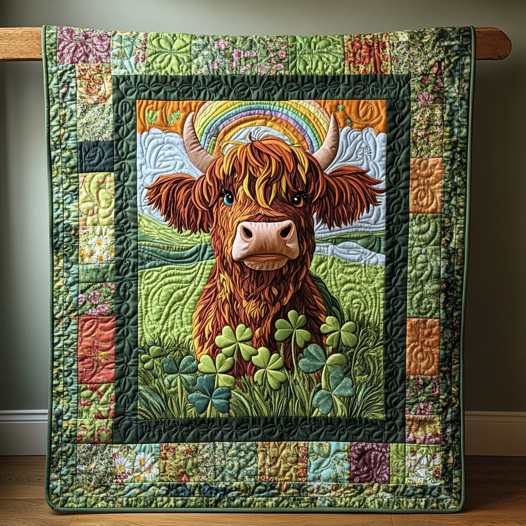 St Patrick's Day Highland Cow DAI090125113 Quilt Blanket