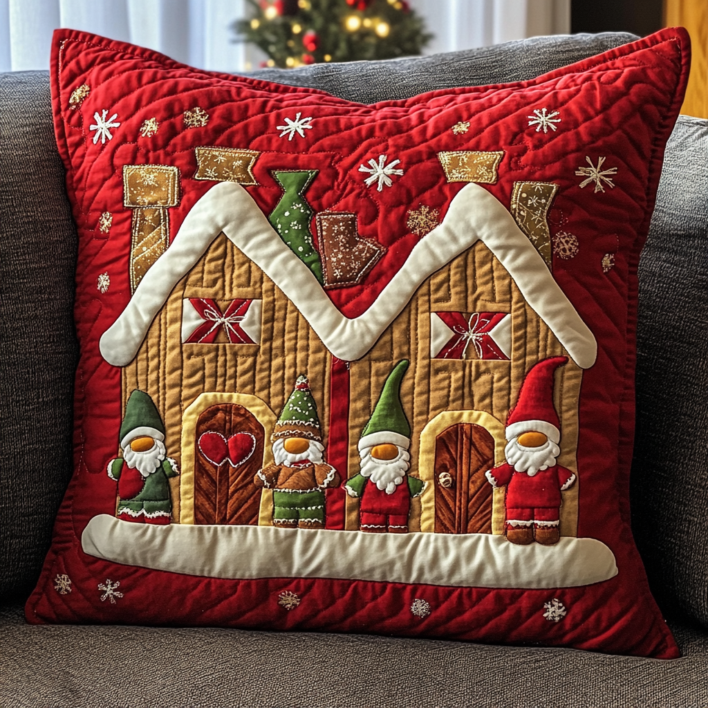 Christmas Gingerbread House And Gnomes DAI111124566 Quilted Pillow Case