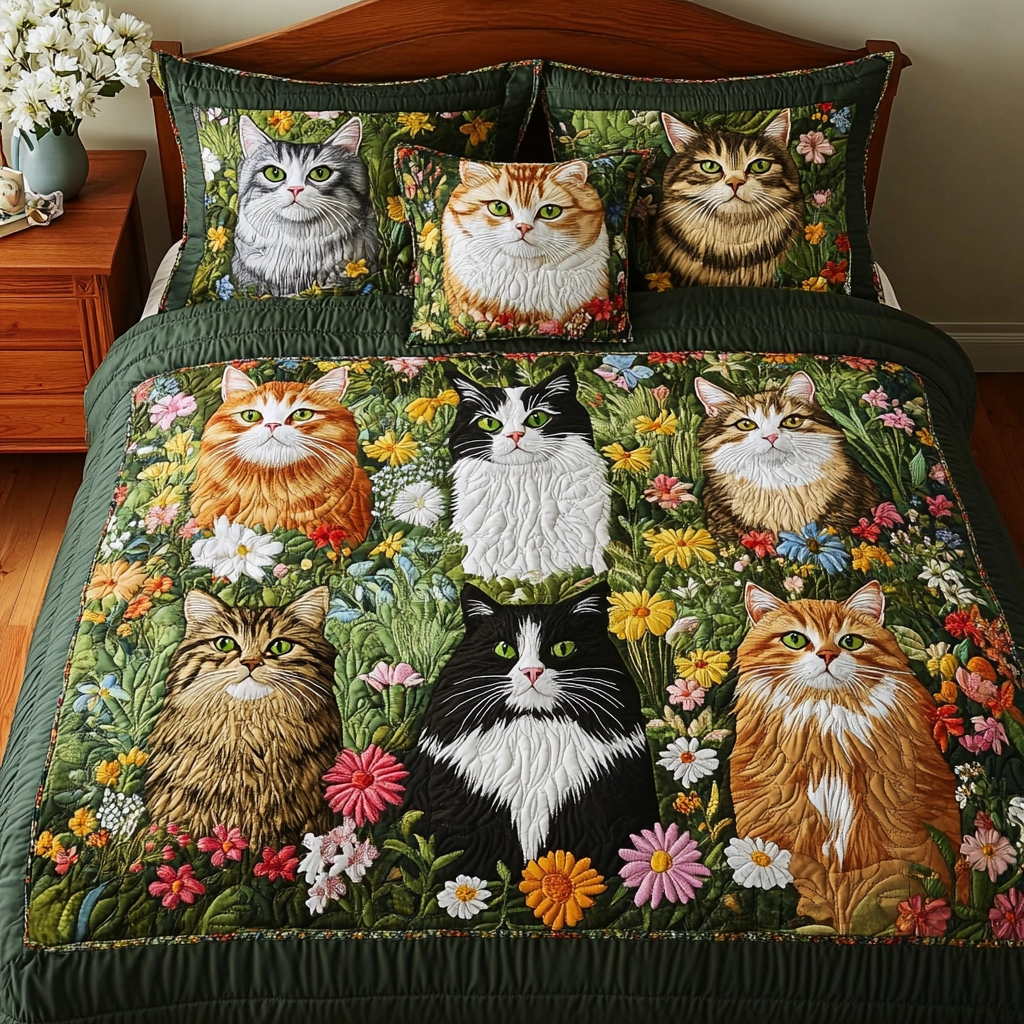 Cats In Flower Garden TAI111124046 Quilt Bedding Set