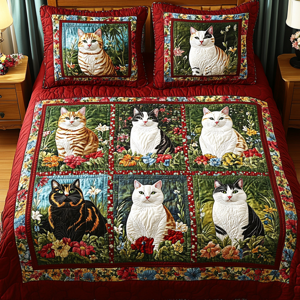 Cats In Flower Garden TAI141124123 Quilt Bedding Set