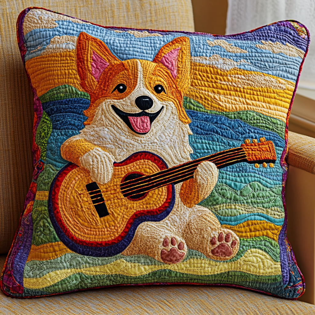 Corgi Guitarist DAI241224077 Quilted Pillow Case