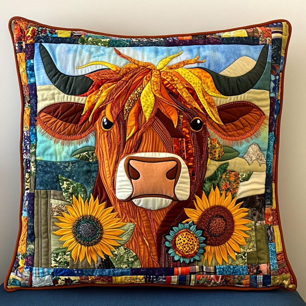 Sunflower Highland Cow DAI051224156 Quilted Pillow Case