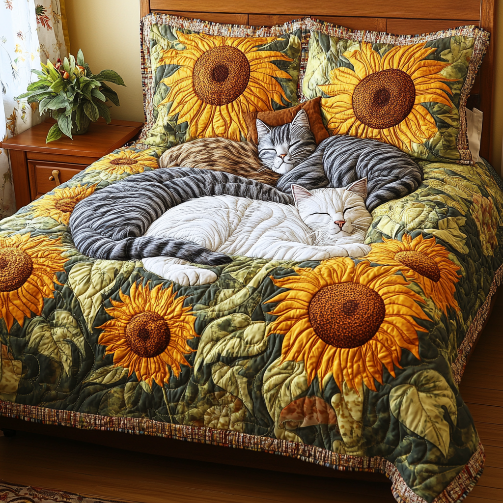 Cats In Sunflower Garden TAI111124083 Quilt Bedding Set