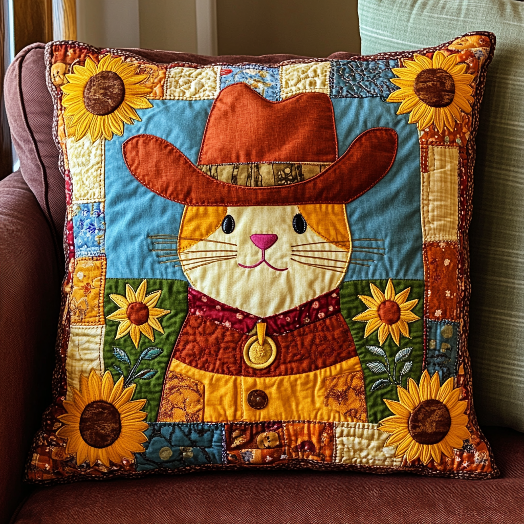 Sunflower Cowboy Cat DAI241224064 Quilted Pillow Case