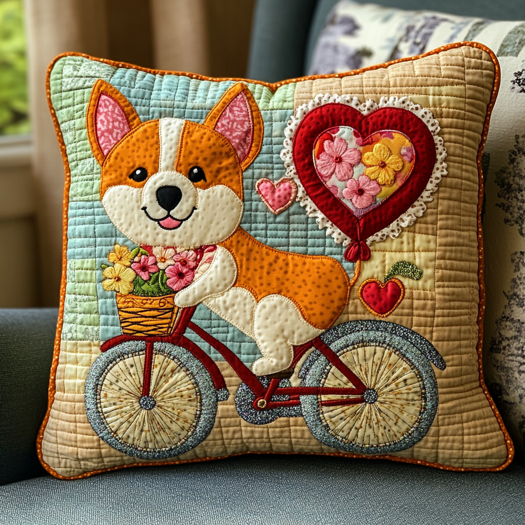 Bicycle Corgi DAI241224079 Quilted Pillow Case