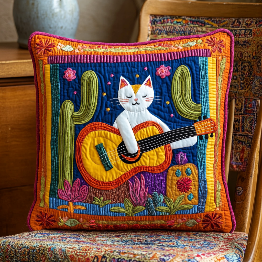 Desert Guitar Cat DAI241224071 Quilted Pillow Case