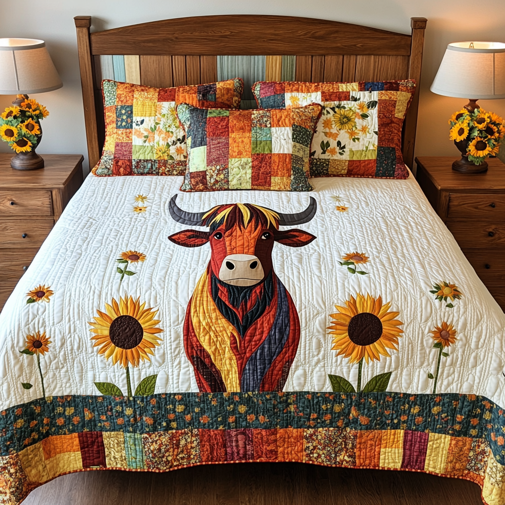 Sunflower Highland Cow DAI051224110 Quilt Bedding Set