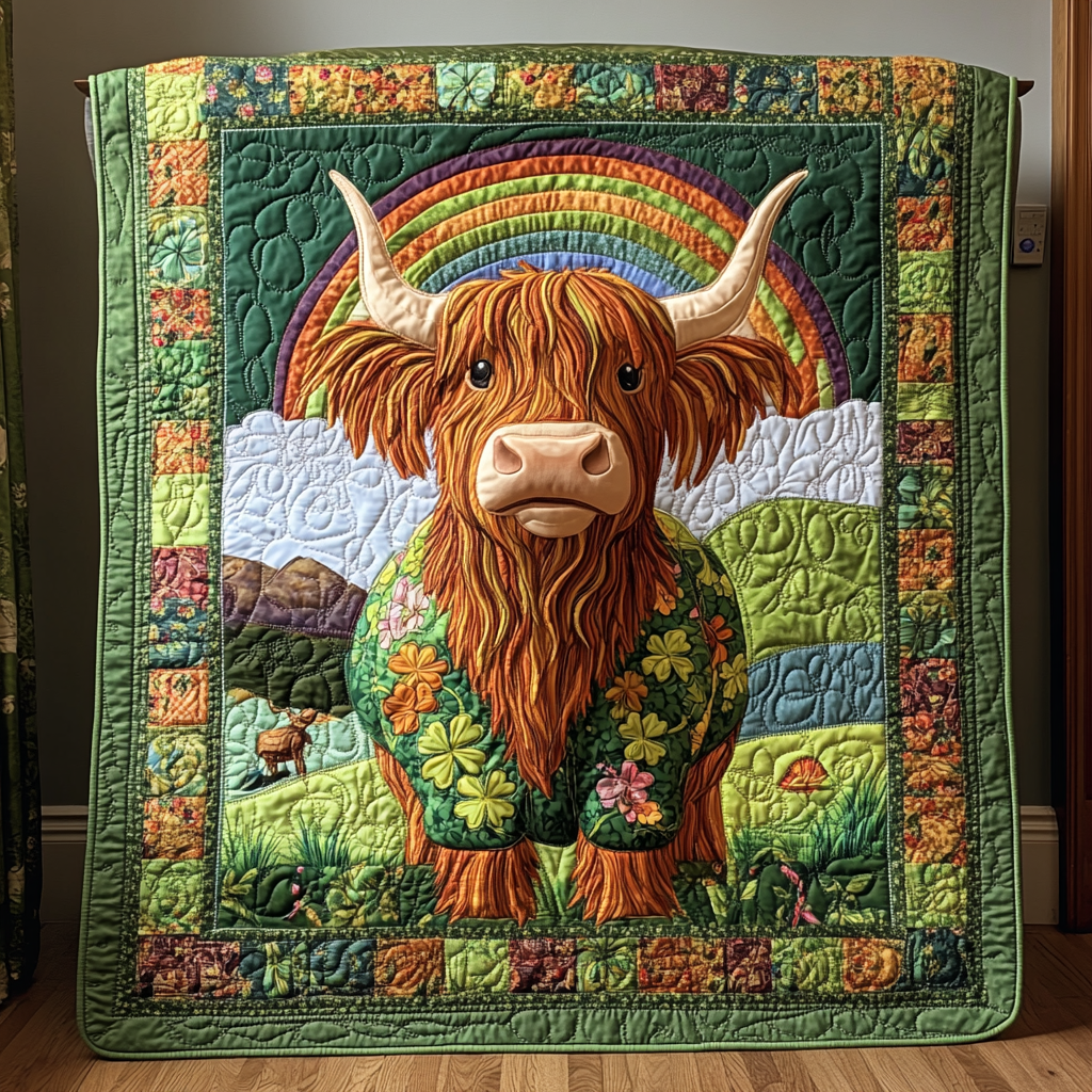 St Patrick's Day Highland Cow DAI090125112 Quilt Blanket