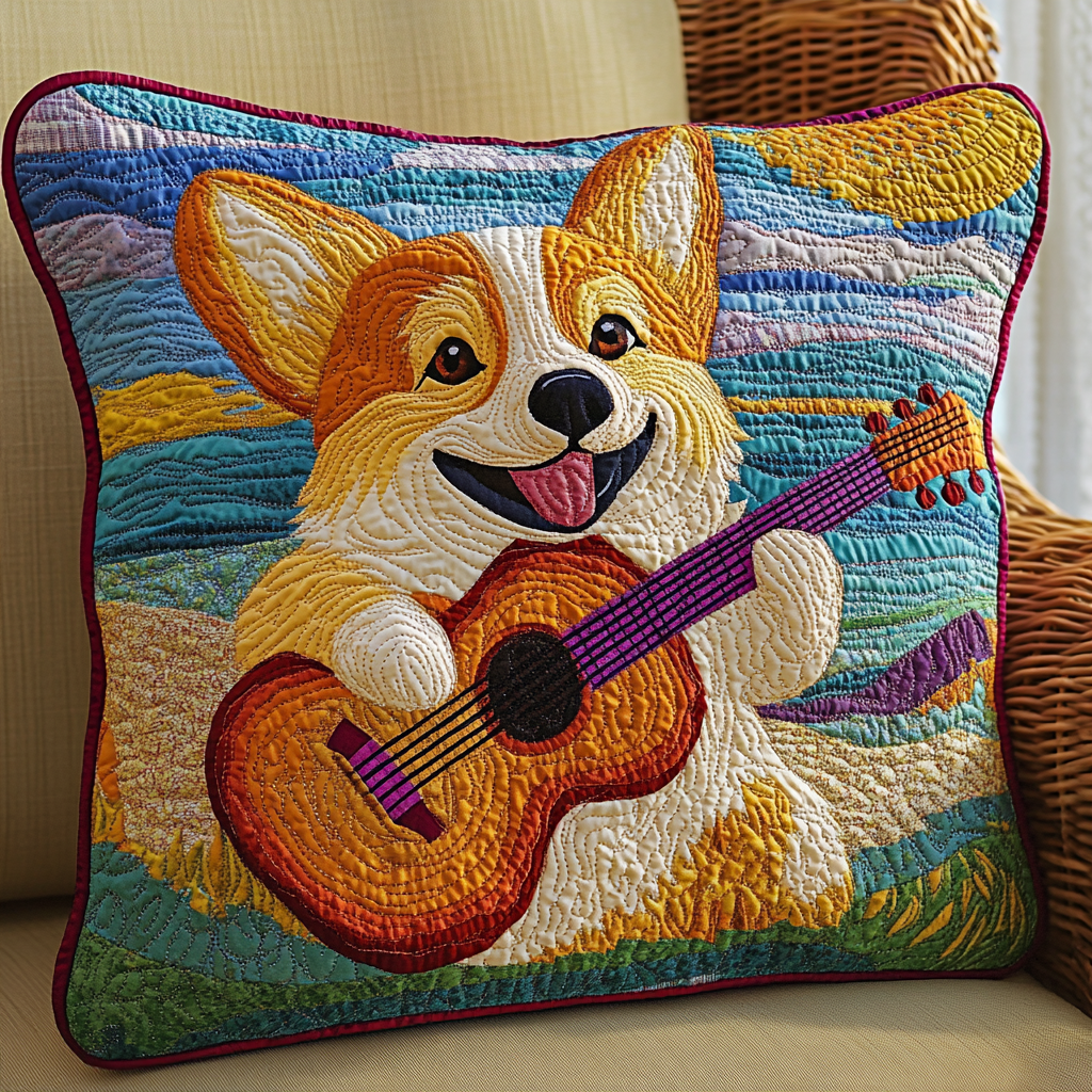 Corgi Guitarist DAI241224075 Quilted Pillow Case