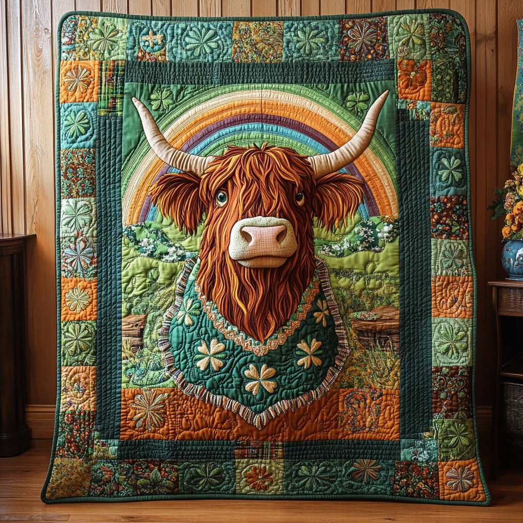 St Patrick's Day Highland Cow DAI090125109 Quilt Blanket