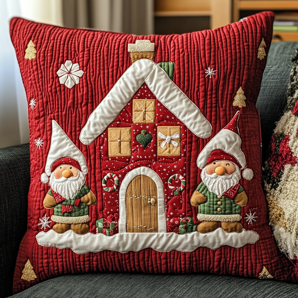 Christmas Gingerbread House And Gnomes DAI111124565 Quilted Pillow Case