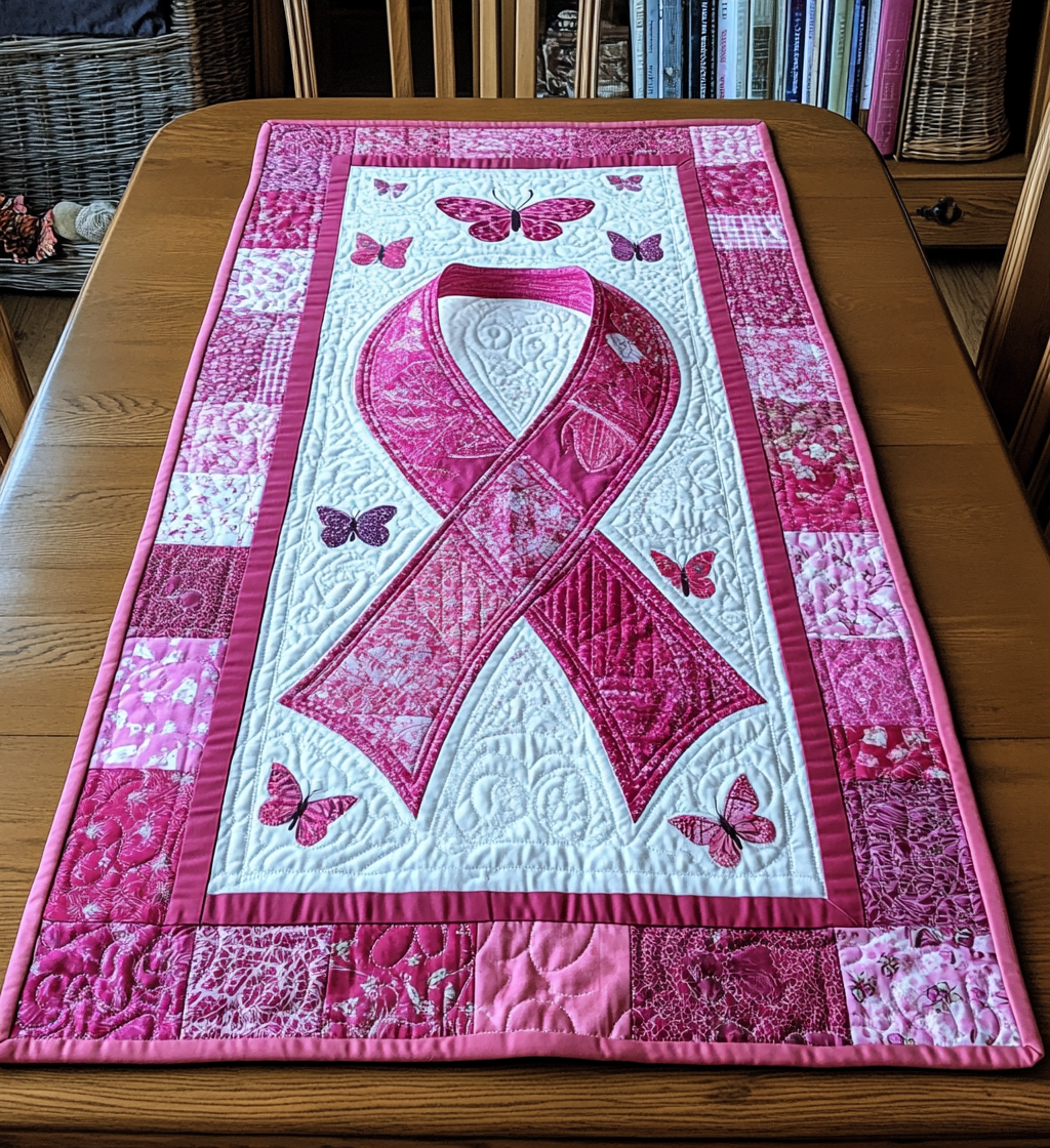 Butterfly Breast Cancer Ribbon DAI281124184 Quilted Table Runner