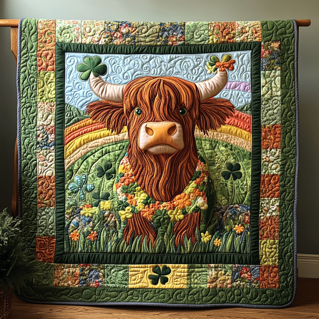 St Patrick's Day Highland Cow DAI090125111 Quilt Blanket