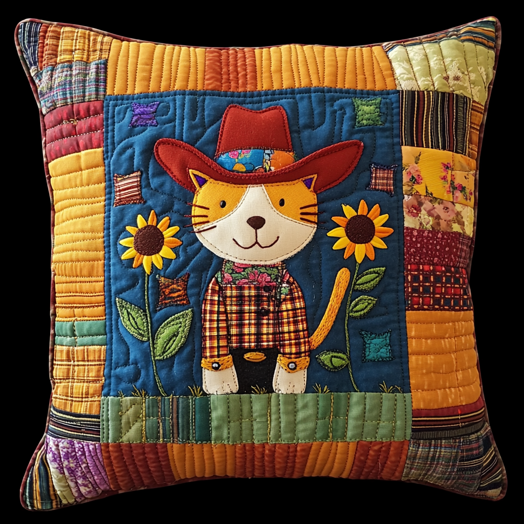 Sunflower Cowboy Cat DAI241224066 Quilted Pillow Case