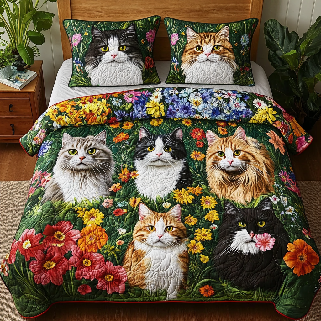 Cats In Flower Garden TAI111124039 Quilt Bedding Set