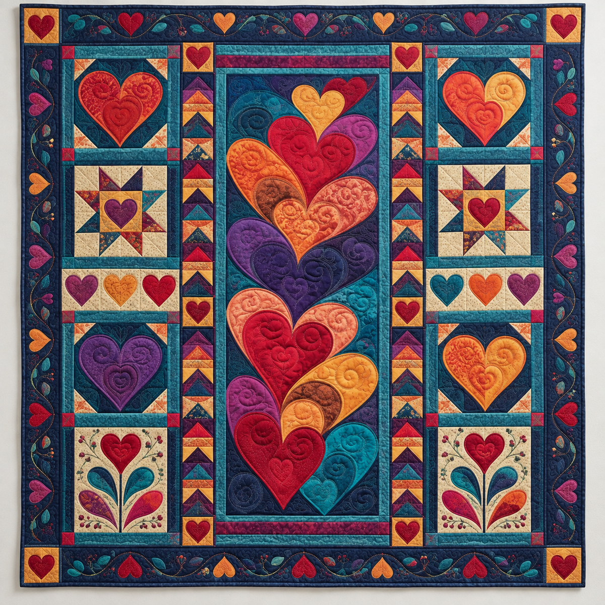 Rainbow Hearts On Teal TD141026122 Quilt Blanket