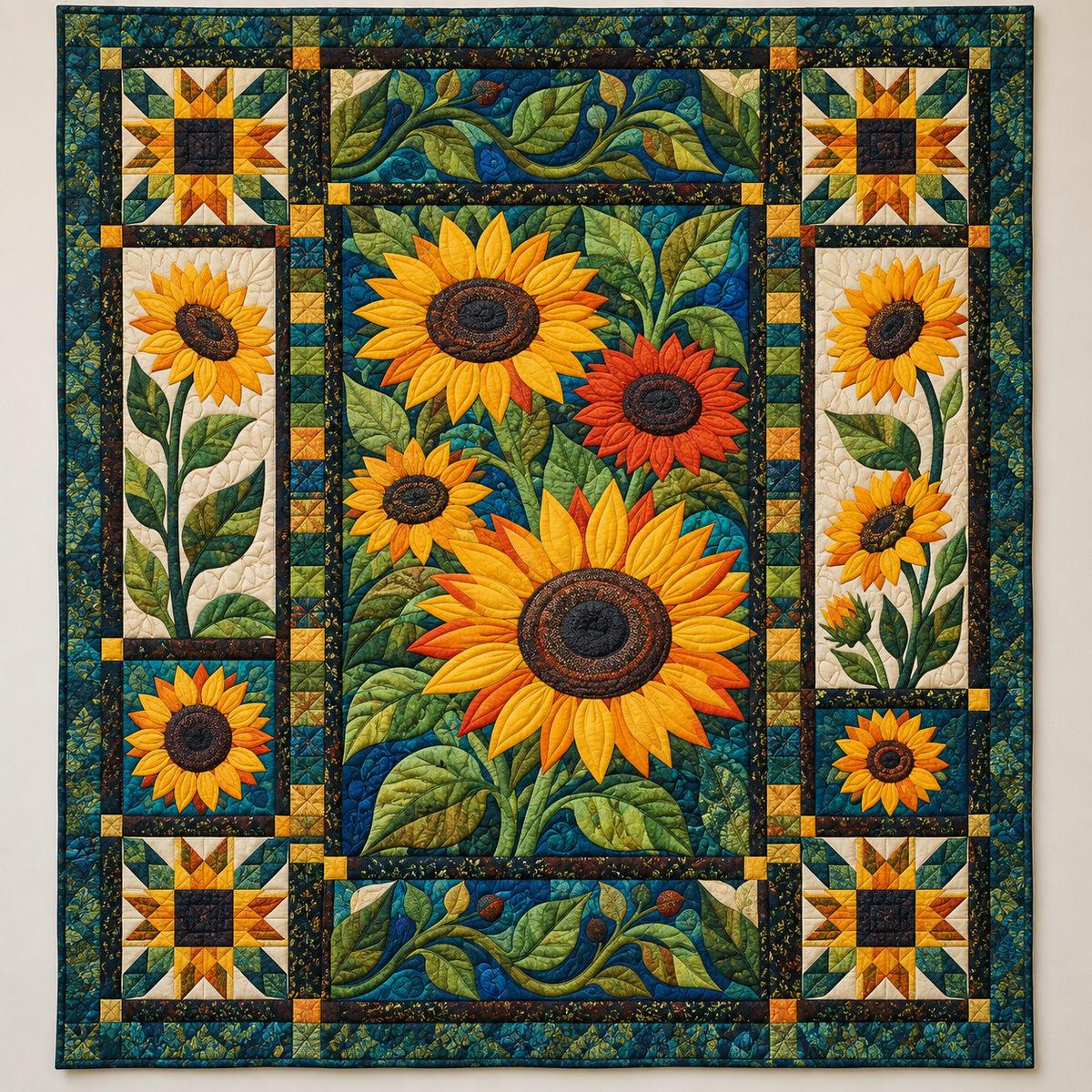 Golden Sunflowers On Vivid Teal TD141026137 Quilt Blanket