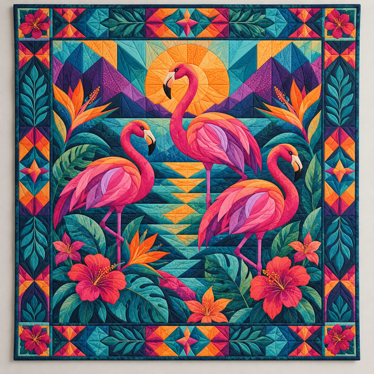 Pink Flamingos And Rainbow Geometry TD141026172 Quilt Blanket
