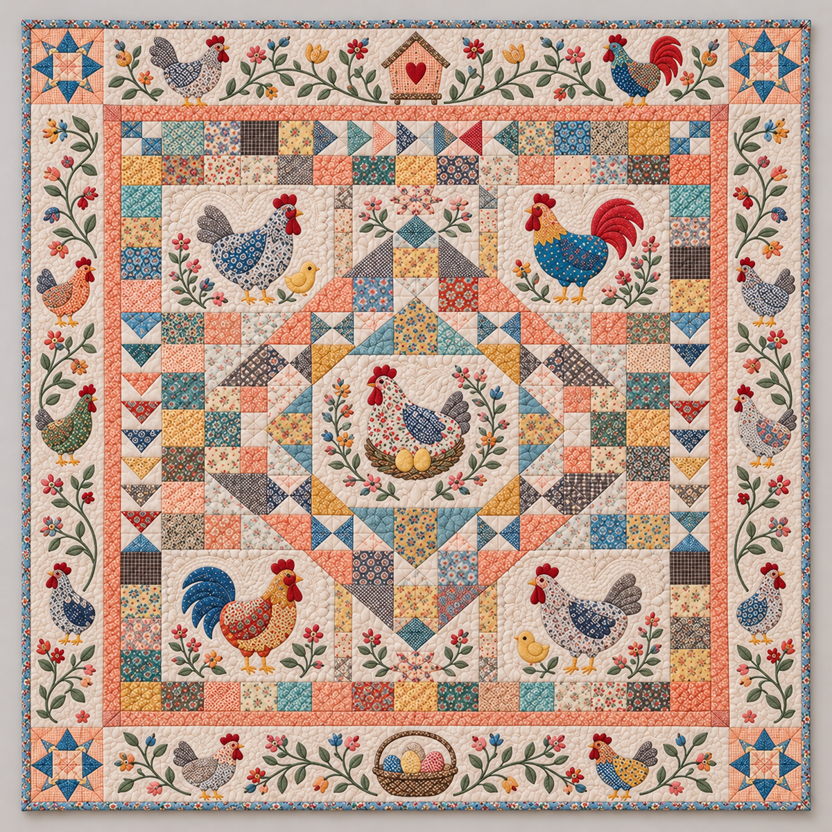 Pastel Hens And Rooster Patchwork TD141026175 Quilt Blanket
