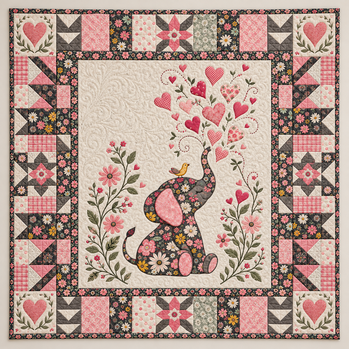 Floral Elephant And Floating Hearts TD141026181 Quilt Blanket