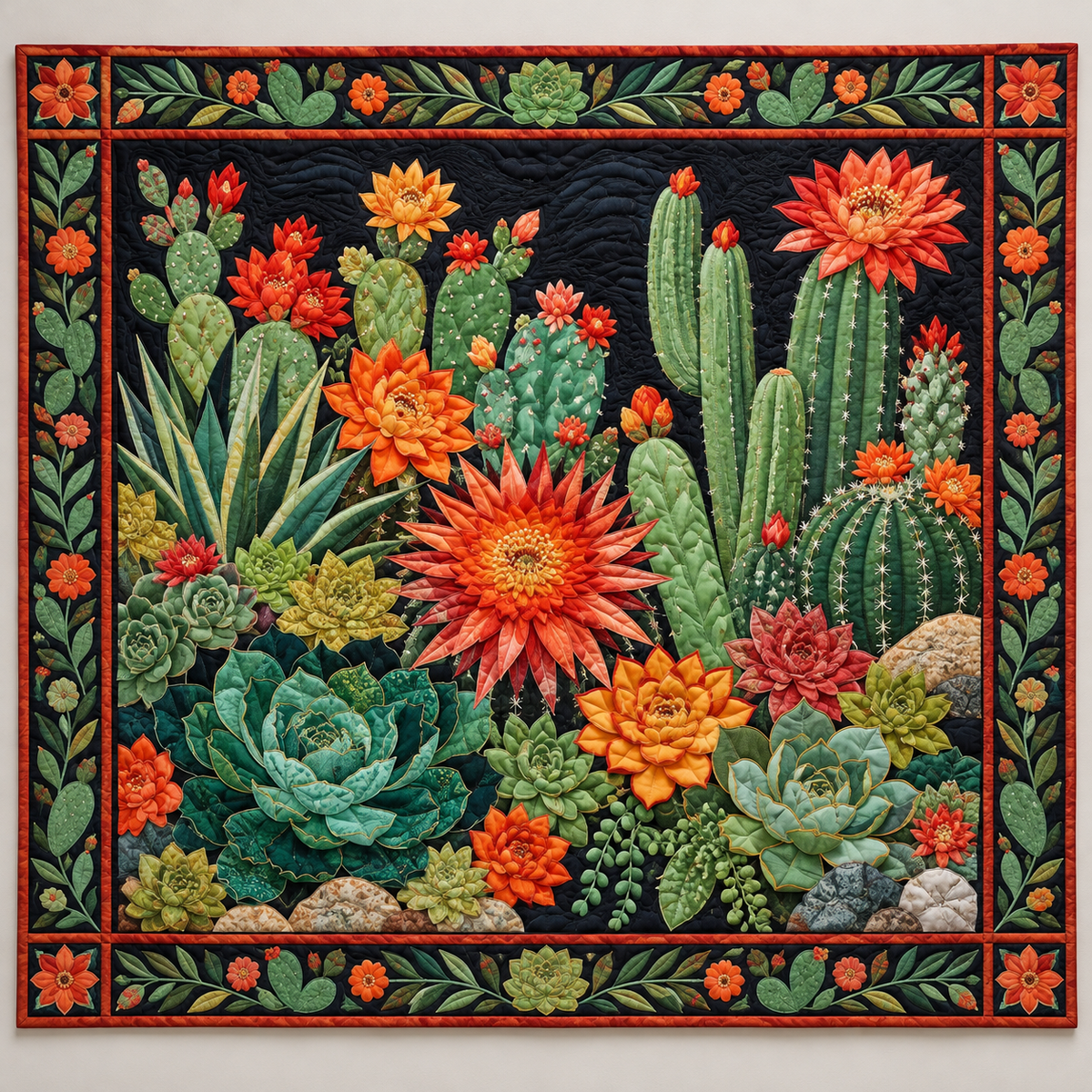 Flowering Cacti On Midnight Black TD141026214 Quilt Blanket