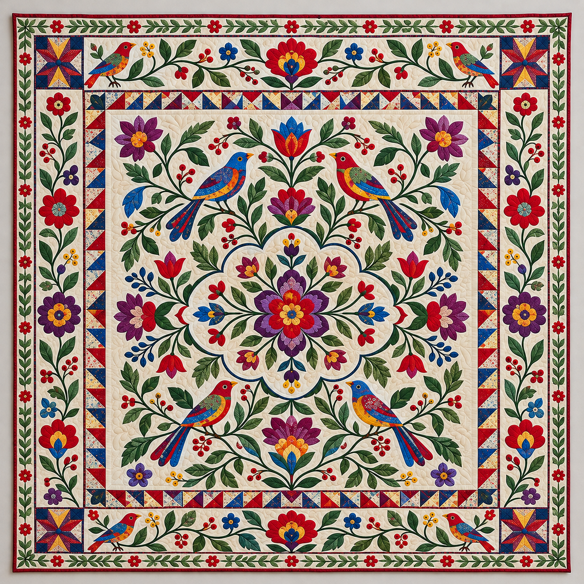 Bright Folk Art Birds And Flowers TD141026221 Quilt Blanket