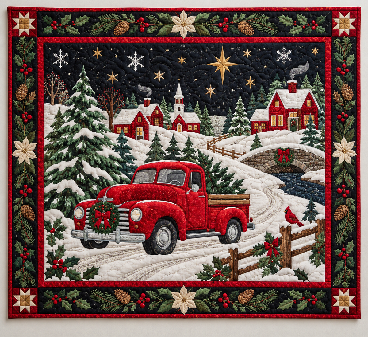 Red Truck In A Snowy Village TD141026222 Quilt Blanket
