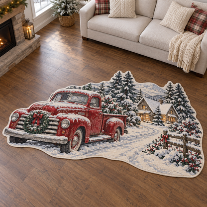 Red Truck Winter Village TD131026223 Custom Shape Area Rug