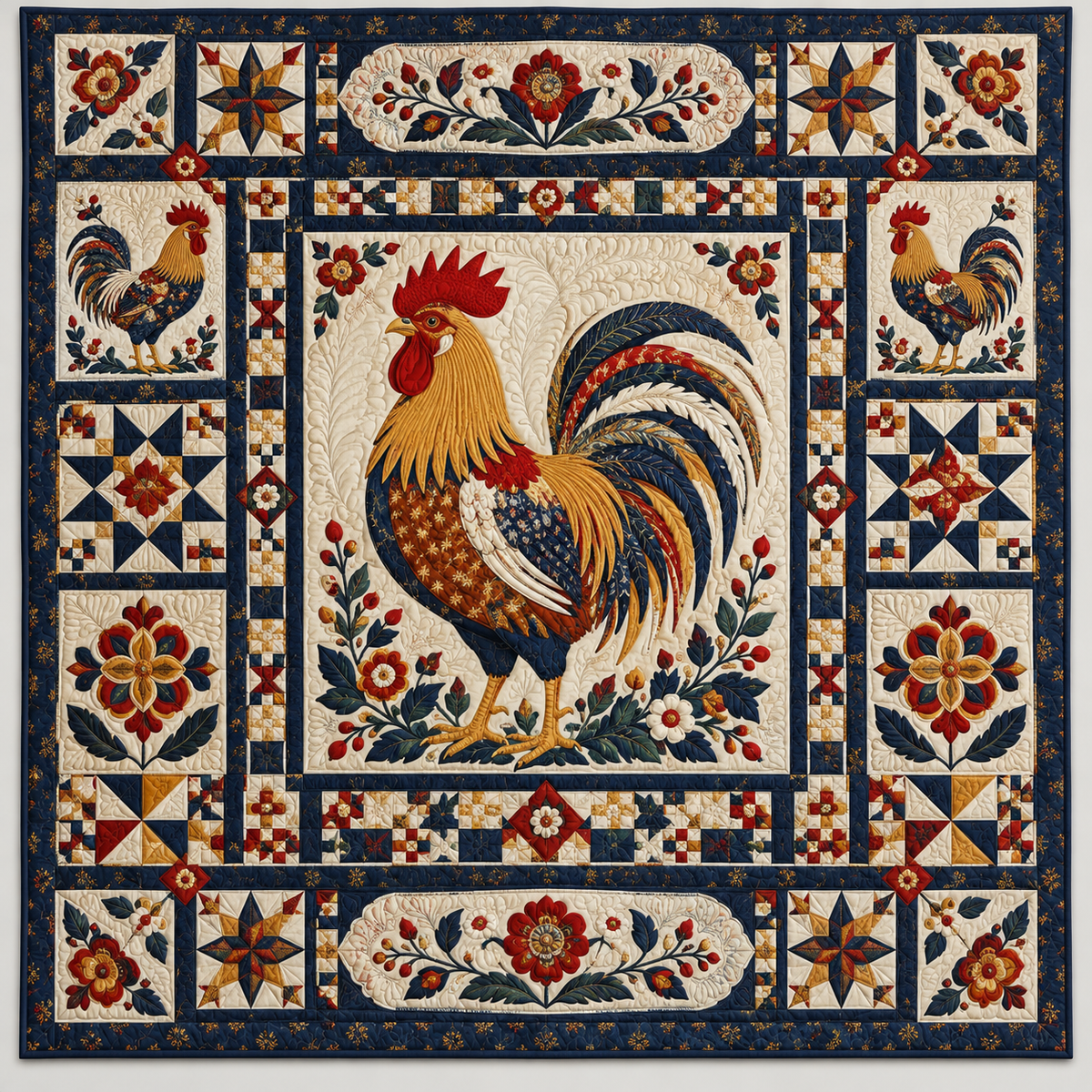 Ornate Rooster In Navy And Cream TD141026226 Quilt Blanket