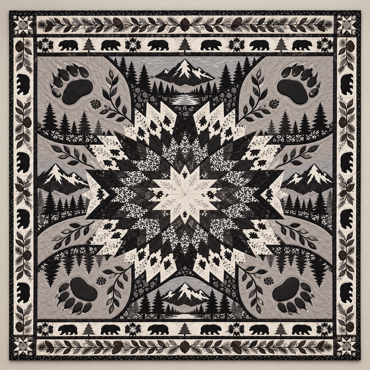 Monochrome Bear Paw Starburst TD141026234 Quilt Blanket