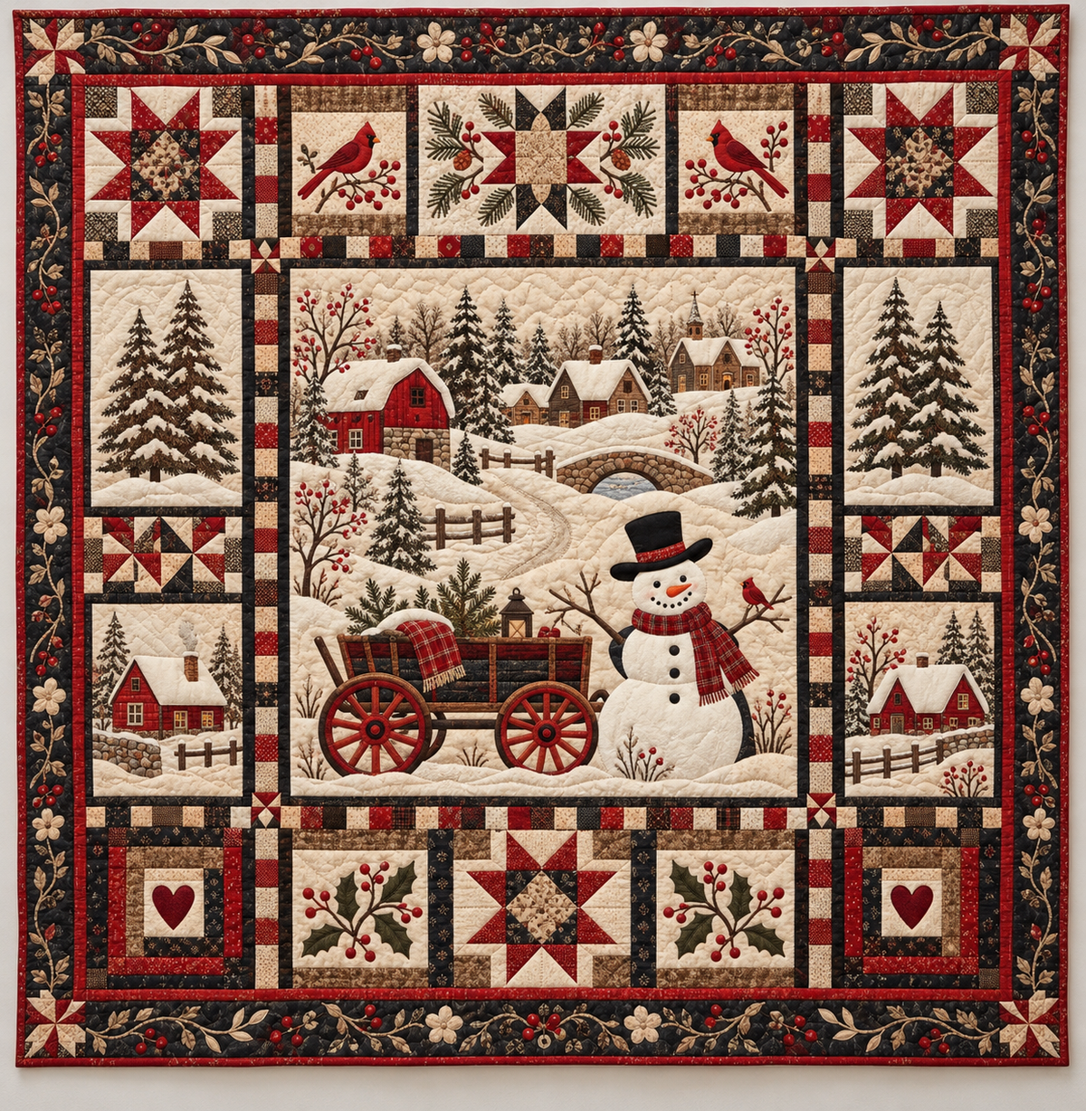 Rustic Snowman And Village Wagon TD141026241 Quilt Blanket