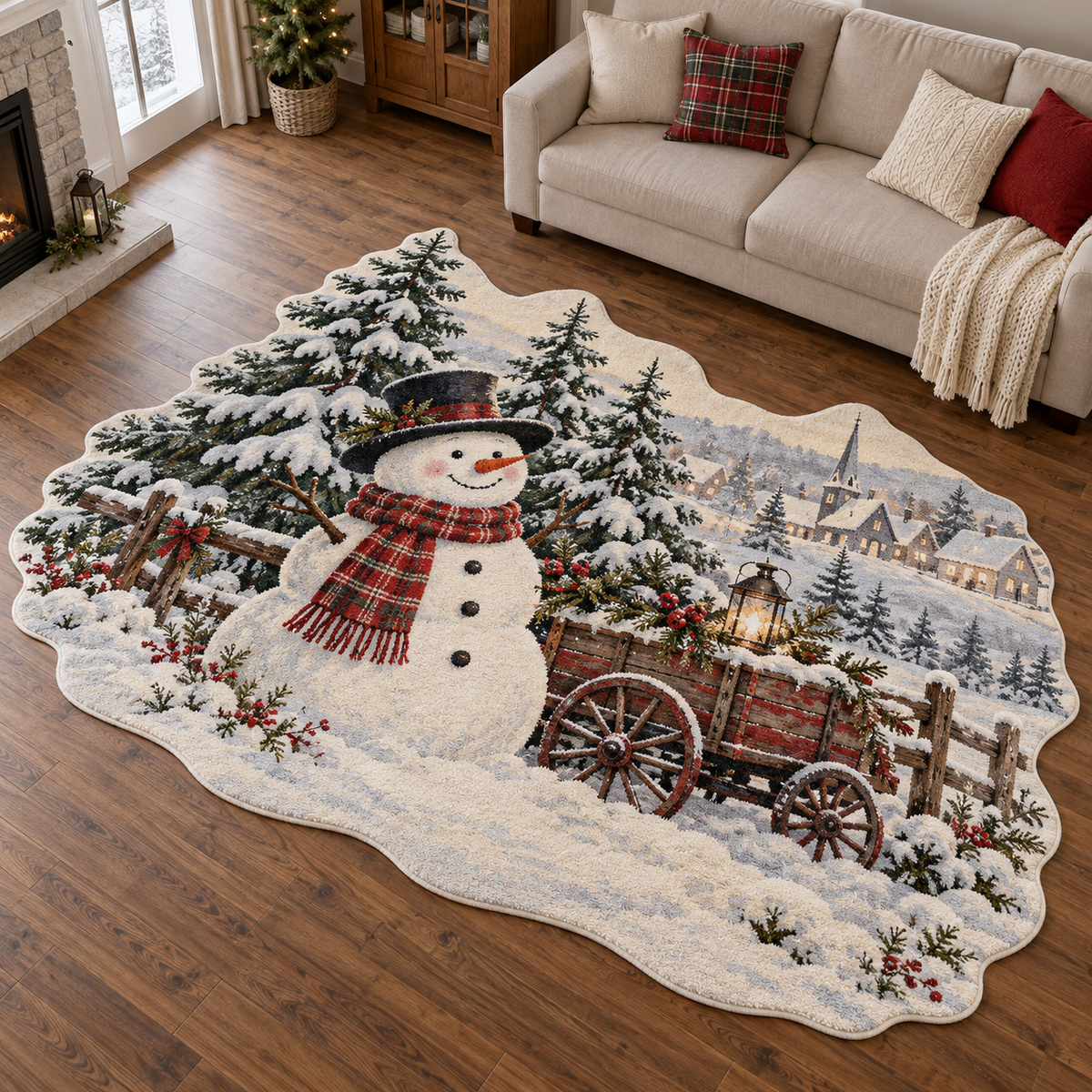 Snowman Village Wagon TD131026242 Custom Shape Area Rug