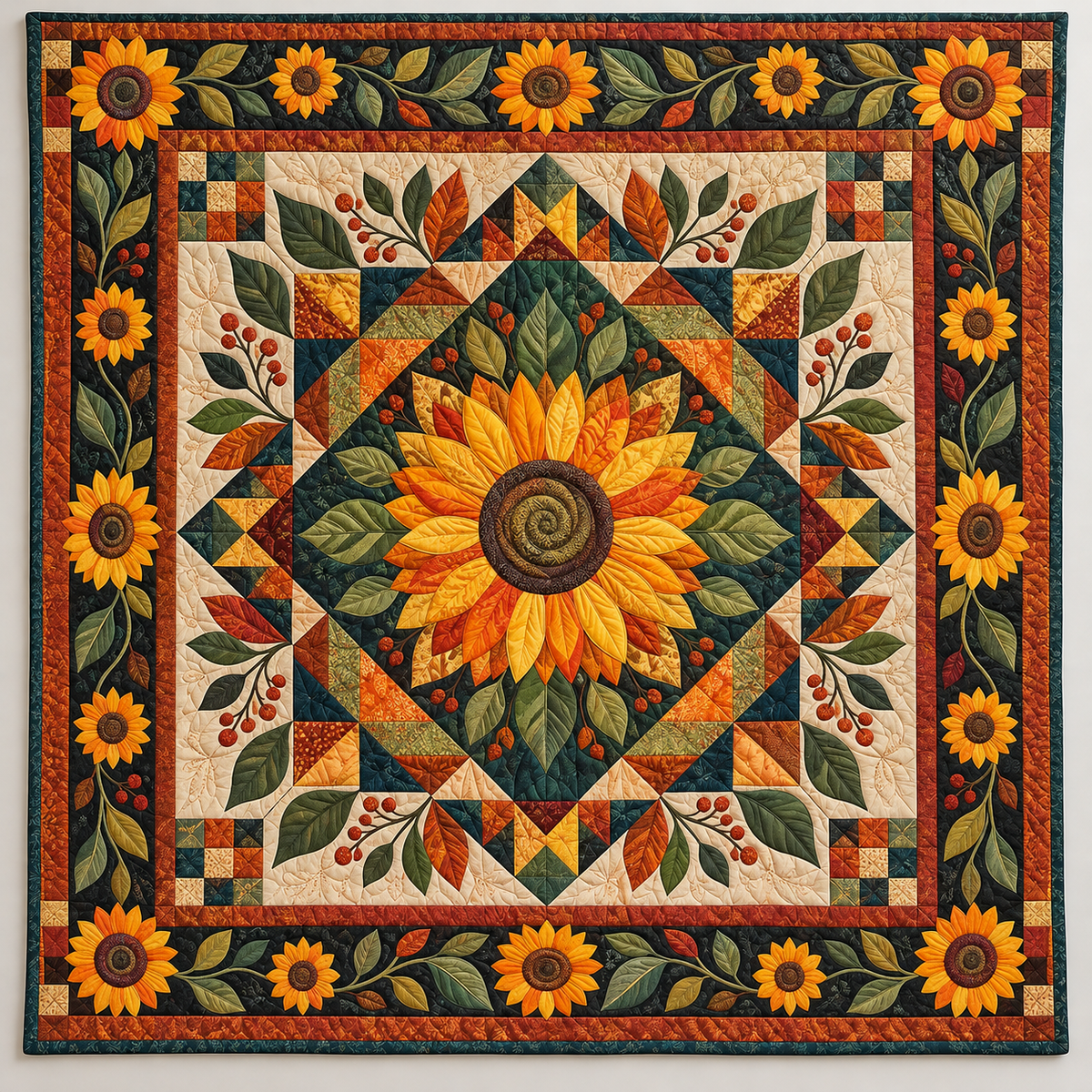 Autumn Sunflowers In Teal And Ochre TD141026257 Quilt Blanket