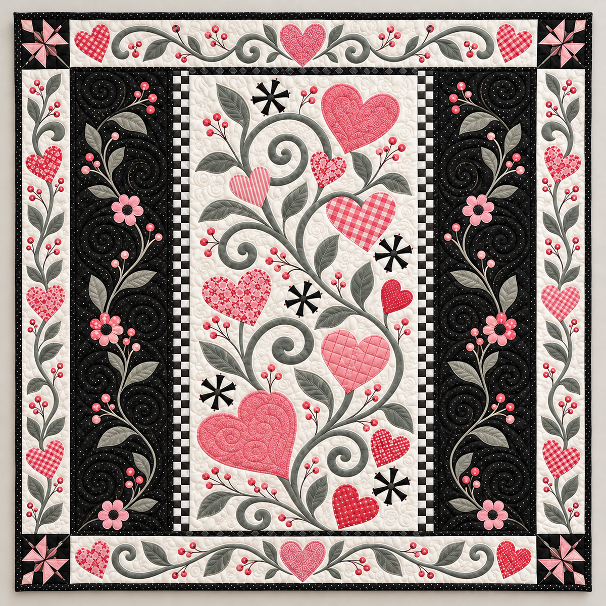 Pink Hearts And Monochrome Scrolls TD141026267 Quilt Blanket