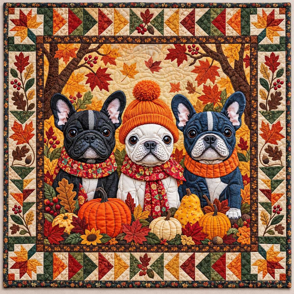 Autumn French Bulldog Trio TD141026769 Quilt Blanket