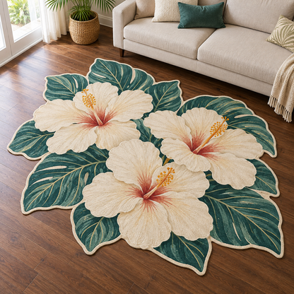 Ivory Hibiscus Teal TD131026297 Custom Shape Area Rug