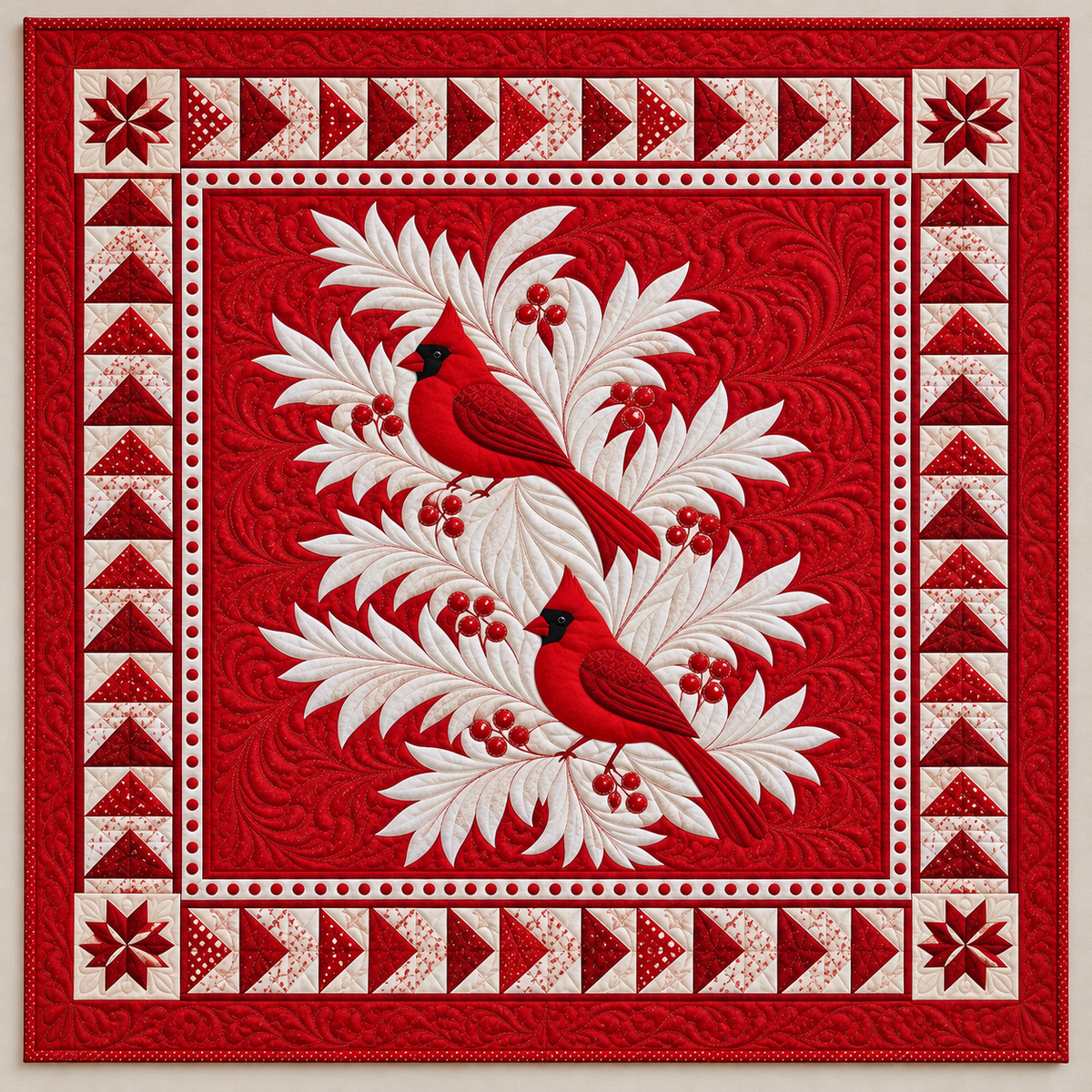 Cardinals And White Ferns On Red TD141026314 Quilt Blanket